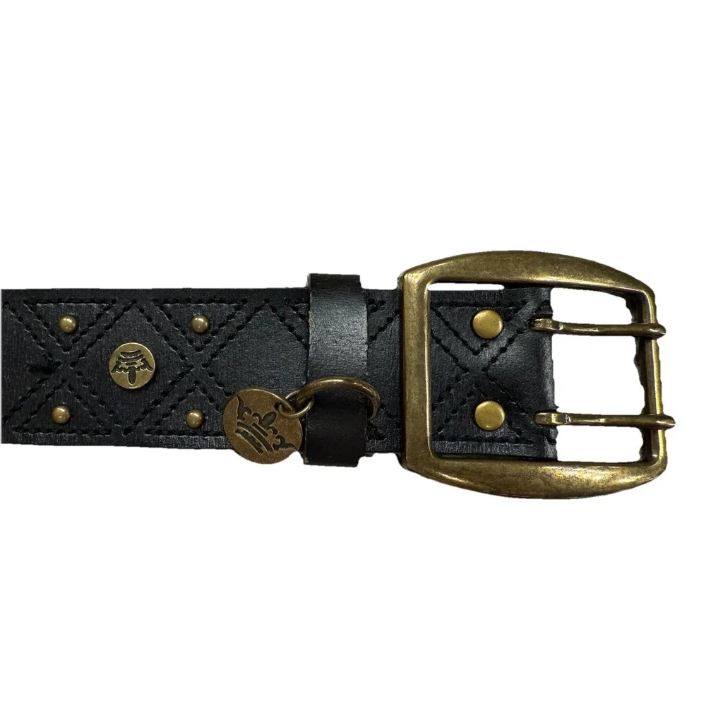 VTG Worn Studded Black Leather Belt Gold Color Buckle Sz 38